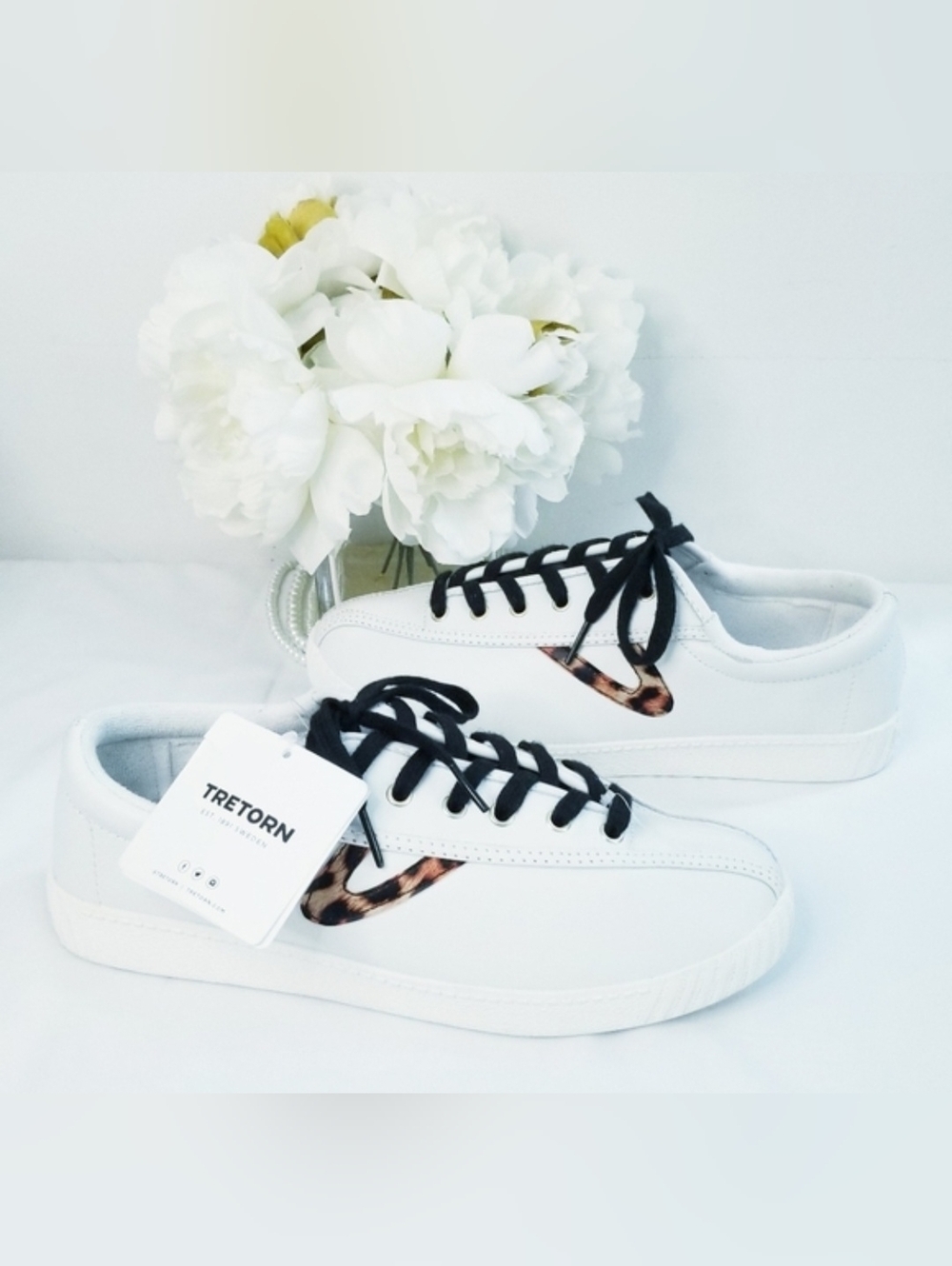 Tretorn Nylite Plus Leather Upper Sneakers White with Leopard Print Accent NWT